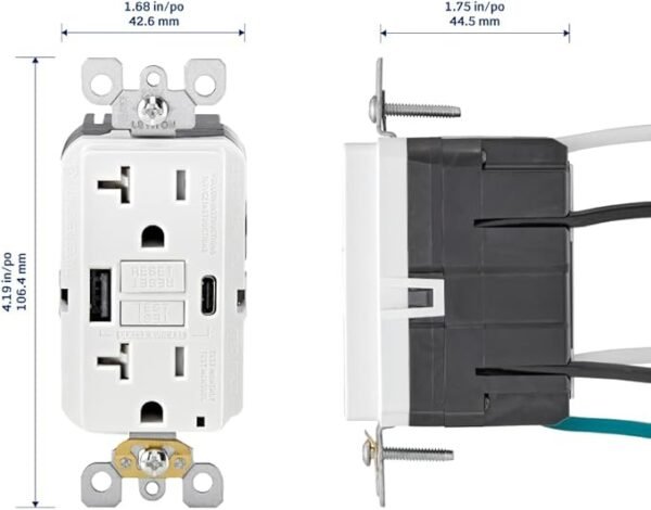 Leviton GUAC2-W 20A SmartlockPro Self-Test GFCI Combination with Type A & Type-C USB in-Wall, USB Charger for Smartphones and Tablets