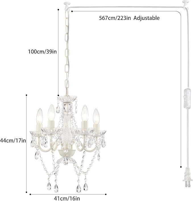 61E1wThsC9L._AC_SX679_.jpg Alighting Plug in Chandeliers, 4-Light White Small Acrylic Crystal Hanging Ceiling Lamp with 20ft Cord, No Hardwire, White Chandeliers for Dining Room, Modern Bedroom, Nursery, Kitchen or Bathroom