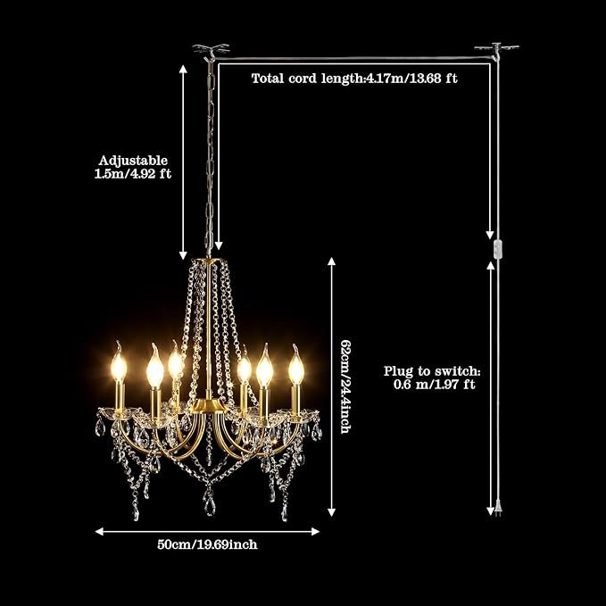 61rhHoQI58L._AC_SX679_.jpg Plug in Gold Crystal Chandelier Lighting with Long Cord, 6-Light Modern Plug Chandelier Crystal Plug in Pendant Light, Classic Hanging Light Fixture for Dining Room Bedroom Living Room Kitchen Closet