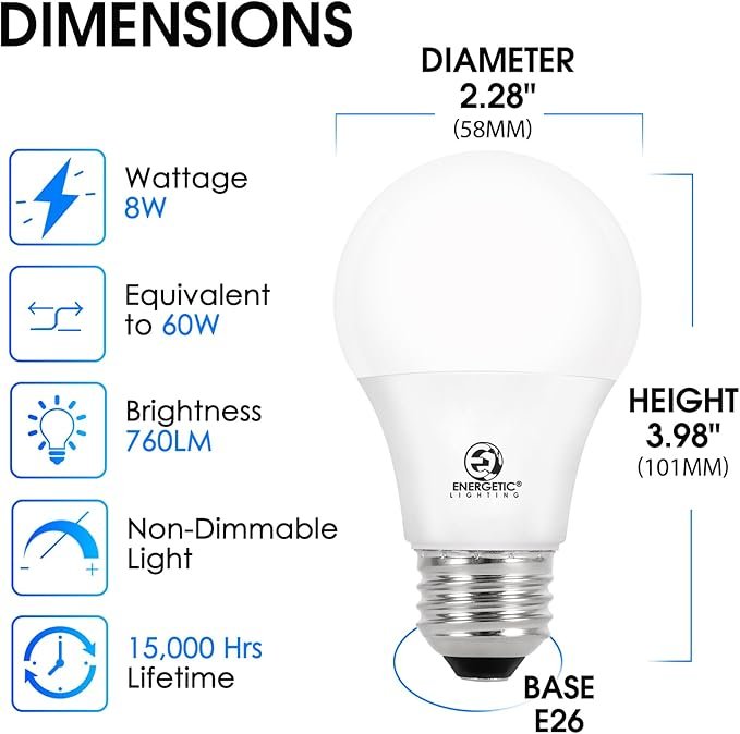 61vnu01JkrL._AC_SX679_.jpg Energetic 24-Pack A19 LED Light Bulb, 60 Watt Equivalent, Daylight 5000K, E26 Medium Base, Non-Dimmable LED Light Bulb, ETL Listed