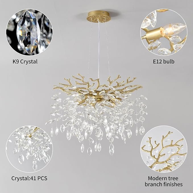 71GbyJ7s8LL._AC_SX679_.jpg EGM Gold Tree Branch Crystal Chandelier 18-Inch, Crystal Chandelier for Dining Room 6-Light, Hanging Round Raindrop Chandeliers for Living Room E12
