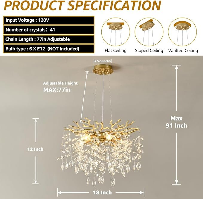 71LLND2T01L._AC_SX679_.jpg EGM Gold Tree Branch Crystal Chandelier 18-Inch, Crystal Chandelier for Dining Room 6-Light, Hanging Round Raindrop Chandeliers for Living Room E12