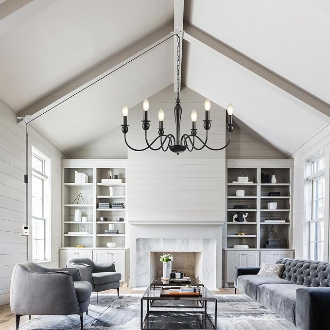 71Lbx7eSkYL._AC_SX679_.jpg Plug in Chandelier with Long Cord 15.1ft, 6 Lights Farmhouse Light Fixtures Hanging Lights with Plug in Cord, Black Plug in Candle Chandier for Living Dining Room Bedroom Kitchen