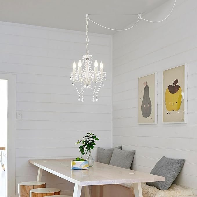 71NN140mqiL._AC_SX679_.jpg Alighting Plug in Chandeliers, 4-Light White Small Acrylic Crystal Hanging Ceiling Lamp with 20ft Cord, No Hardwire, White Chandeliers for Dining Room, Modern Bedroom, Nursery, Kitchen or Bathroom