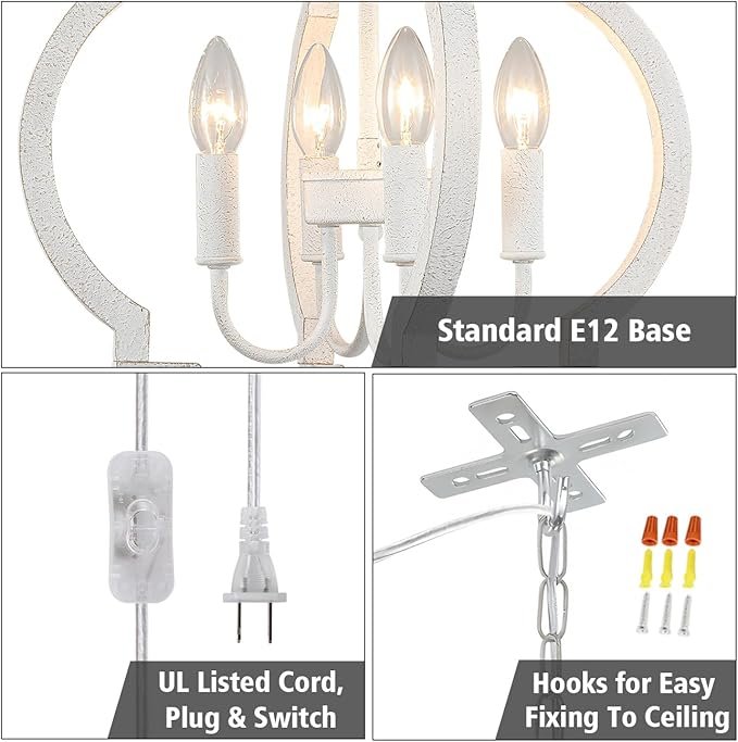 71URxs4-VEL._AC_SX679_-1.jpg LASENCHOO Plug in White Farmhouse Chandelier Lighting with Long Cord, 4-Light Hanging Light Fixture Plug in Pendant Light for Ceiling, Wood Rustic Geometric Chandeliers for Dining Room Gazebo Outdoor