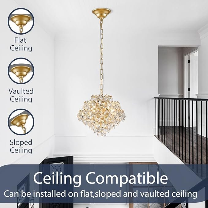 71Xe1cVBjUL._AC_SX679_.jpg Bestier Gold Modern Pendant Chandelier Crystal Raindrop Lighting Ceiling Light Fixture Lamp for Dining Room Bathroom Bedroom Livingroom 4 G9 Bulbs Required D11 in x H12 in