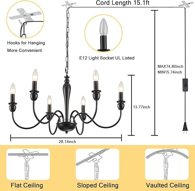 71bjy9V7rpL._AC_SX679_.jpg Plug in Chandelier with Long Cord 15.1ft, 6 Lights Farmhouse Light Fixtures Hanging Lights with Plug in Cord, Black Plug in Candle Chandier for Living Dining Room Bedroom Kitchen