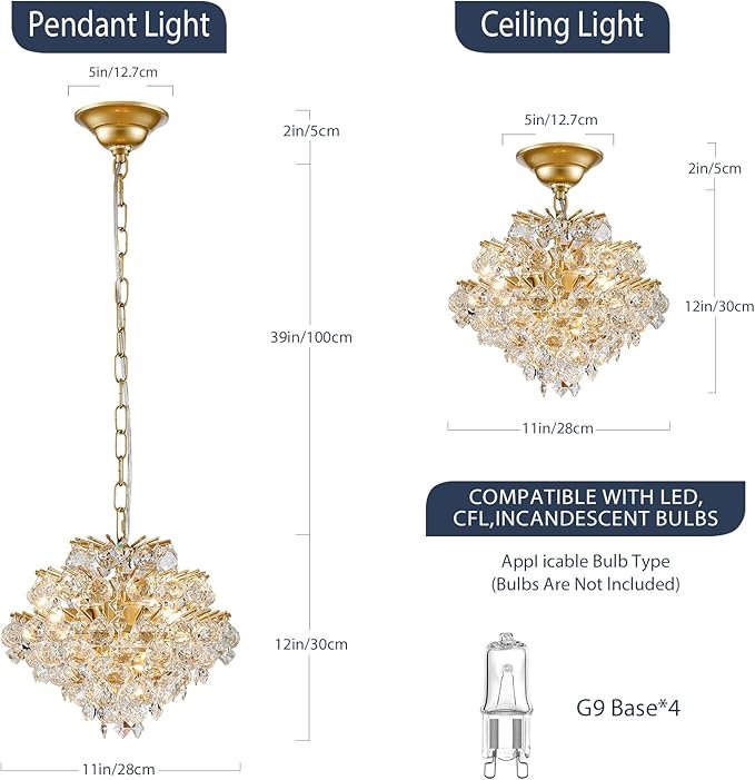 71dMZr3kXgL._AC_SX679_.jpg Bestier Gold Modern Pendant Chandelier Crystal Raindrop Lighting Ceiling Light Fixture Lamp for Dining Room Bathroom Bedroom Livingroom 4 G9 Bulbs Required D11 in x H12 in