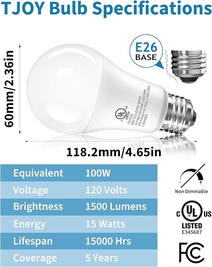 71dUy6HyzTL._AC_SX679_.jpg TJOY 6 Pack LED Light Bulbs, 100 Watt Equivalent A19 Lightbulbs, 15W 5000K Daylight White, Bright Energy Efficient LED Bulb, 1500 Lumens E26 Standard Screw Base Lamp for Kitchen Indoor, Non-Dimmable