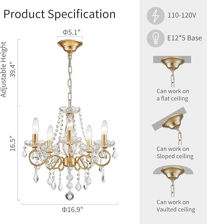 71u5Uw8PMOL._AC_SX679_.jpg ANJIADENGSHI Mini Crystal Chandelier K9 Crystal Lighting Chandelier for Living Room 5 E12 Bulbs High 16.5 in x Diameter 16.9 in, Golden