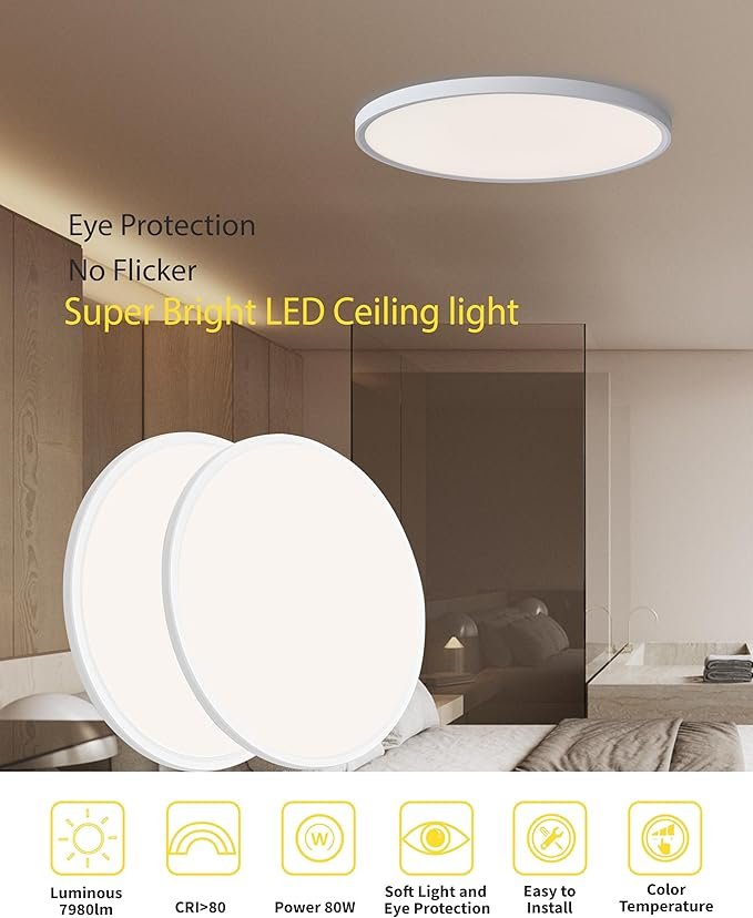 71xmN5HTS5L._AC_SX679_.jpg 1pack 32 Inch Large Flush Mount Ceiling Light, 80w Led Ceiling Light, 3000k/4000k/6000k Selectable 7980lm Ceiling Lights, Super Slim Led Light Fixture for Bedroom Kitchen Living Dining Room Office