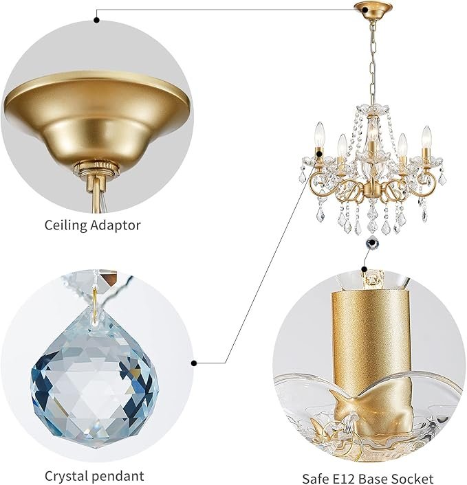 71zJoHiIhOL._AC_SX679_.jpg ANJIADENGSHI Mini Crystal Chandelier K9 Crystal Lighting Chandelier for Living Room 5 E12 Bulbs High 16.5 in x Diameter 16.9 in, Golden
