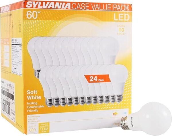 SYLVANIA LED A19 Light Bulb, 60W Equivalent, Efficient 8.5W, 10 Year, 2700K, 800 Lumens, Frosted, Soft White – 24 Pack (74765), Packaging may vary.